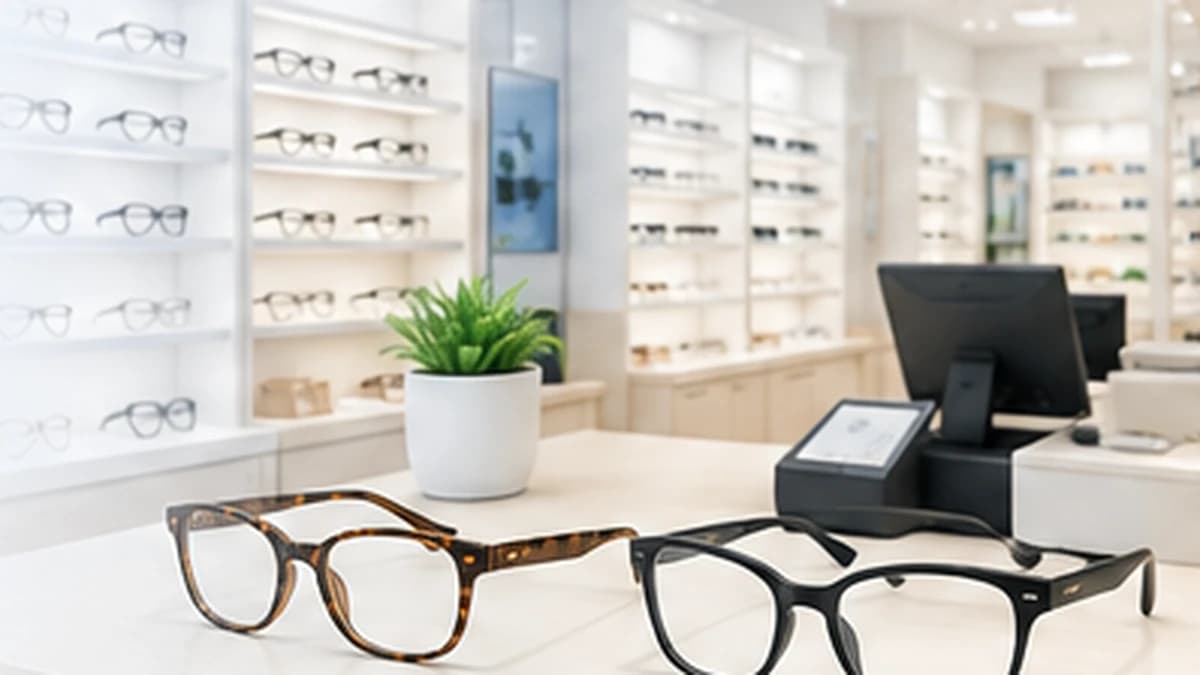 Modern optik mağazasında sergilenen gözlük çerçeveleri